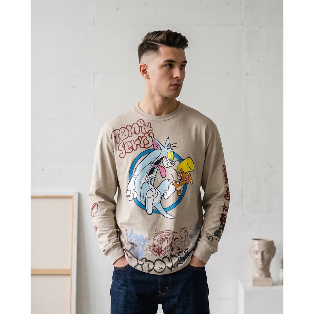 Tom and Jerry Mens 2XL Beige Long Sleeve Graphic T-Shirt Cartoon Graffiti - Picture 1 of 10